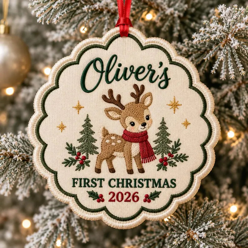 Personalized Baby’s First Christmas Ornament 2026 - Embroidered Reindeer with Custom Name