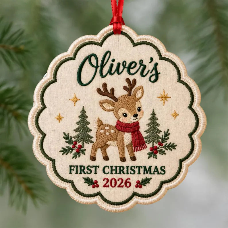Personalized Baby’s First Christmas Ornament 2026 - Embroidered Reindeer with Custom Name