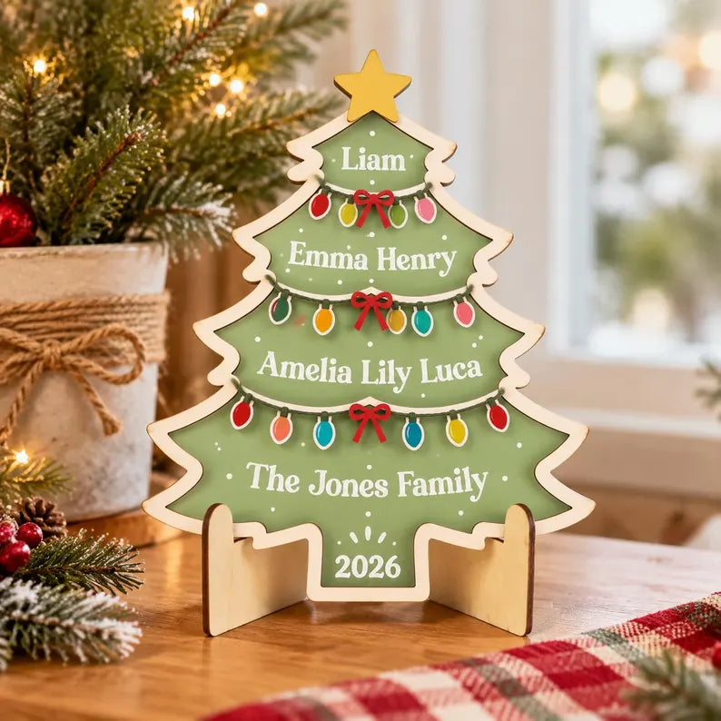 Personalized Family Christmas Tree Sign - Custom Names Wooden Tabletop Decor