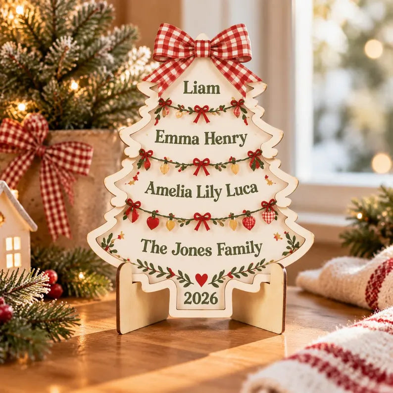 Personalized Family Christmas Tree Sign - Custom Names Wooden Tabletop Decor