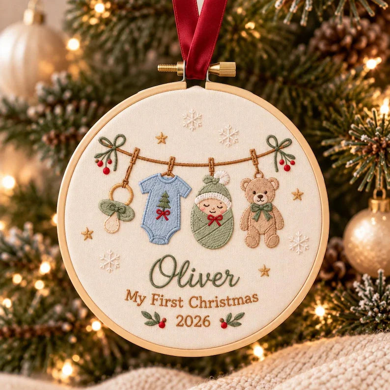 Personalized Baby’s First Christmas Clothesline Ornament - Embroidered Name Keepsake