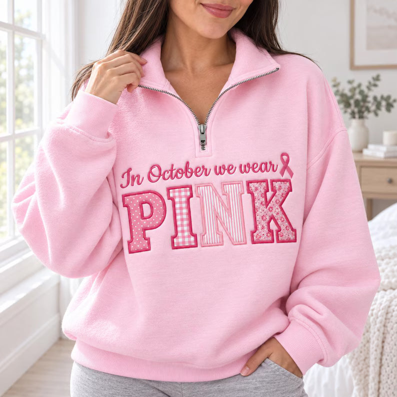 Breast Cancer Awareness Quarter Zip - PINK Patchwork Appliqué Pullover
