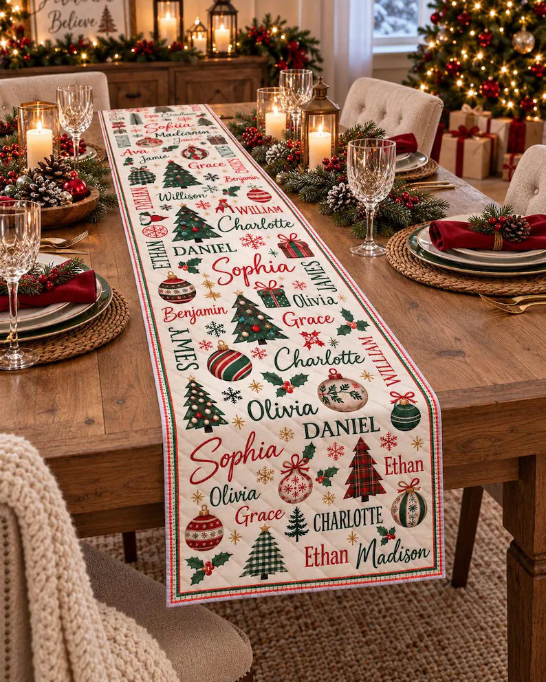 Personalized Christmas Table Runner - Custom Repeating Names Holiday Home Decor