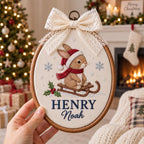 Personalized Bunny Christmas Ornament - Custom Baby Name Embroidery Hoop First Christmas Keepsake