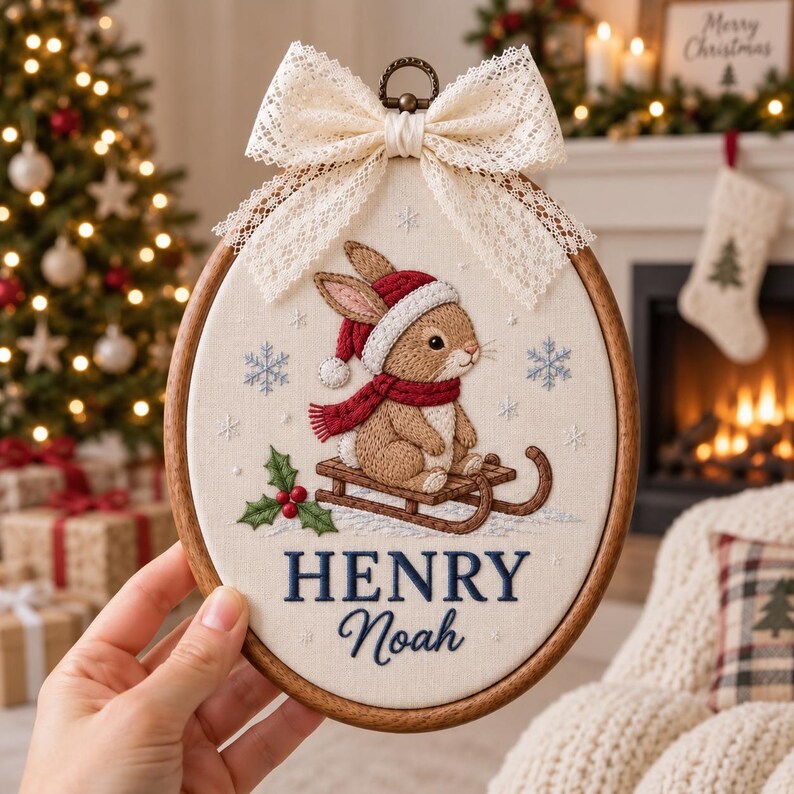 Personalized Bunny Christmas Ornament - Custom Baby Name Embroidery Hoop First Christmas Keepsake