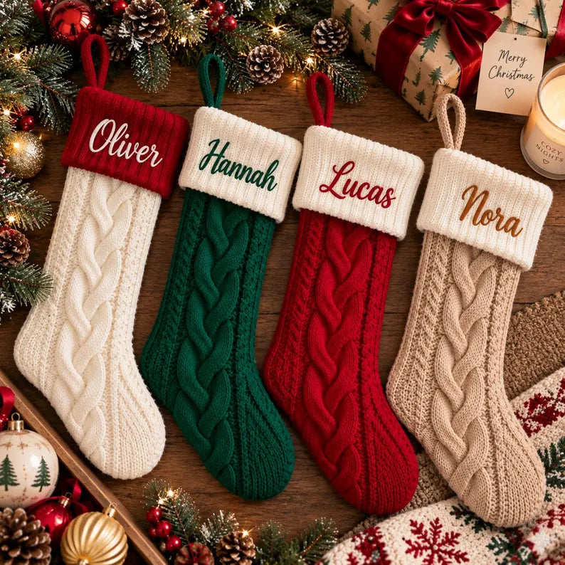 Personalized Knit Christmas Stocking - Custom Family Holiday Mantel Decor