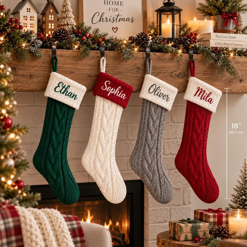 Personalized Knit Christmas Stocking - Custom Family Holiday Mantel Decor