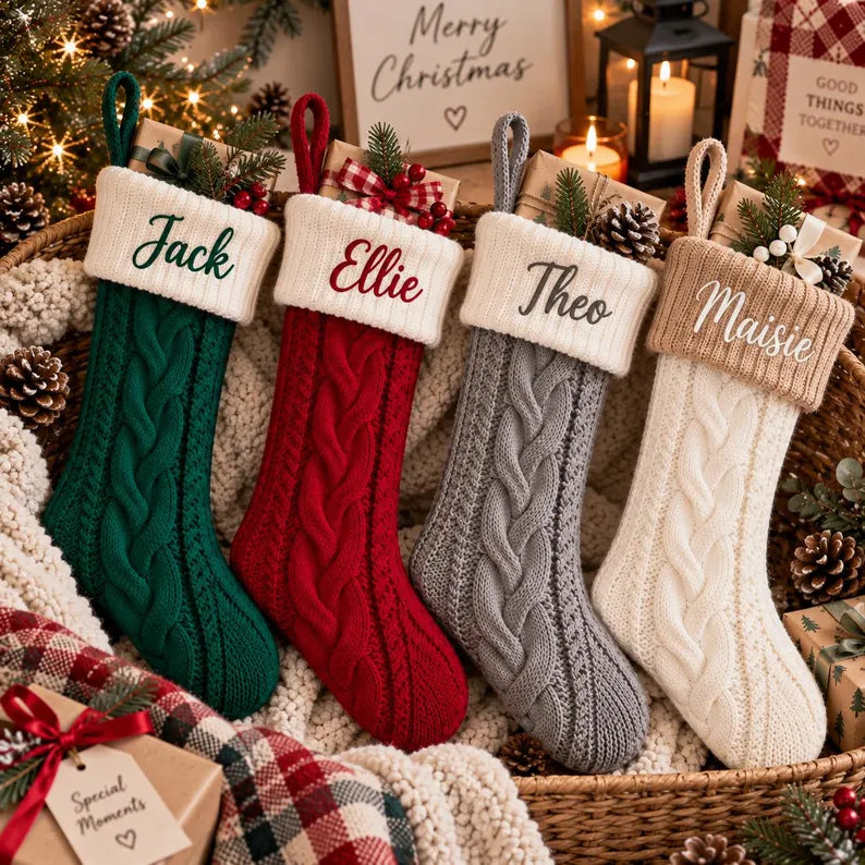 Personalized Knit Christmas Stocking - Custom Family Holiday Mantel Decor