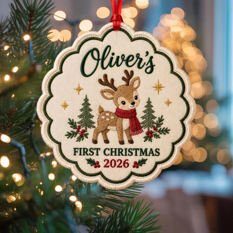 Personalized Baby’s First Christmas Ornament 2026 - Embroidered Reindeer with Custom Name