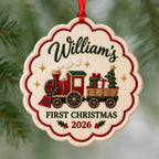 Personalized Baby’s First Christmas Train Ornament 2026 - Embroidered Vintage Toy Train with Custom Name