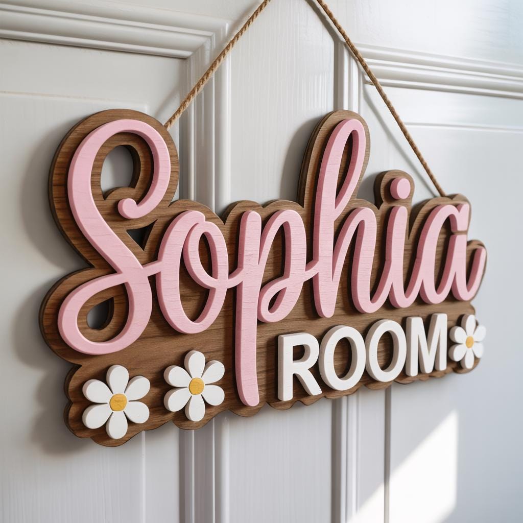 Personalized Girly Name Door Sign, Custom Kids Name Sign, Nursery Wall Decor, Wooden Baby Name Sign, Floral Name Sign, Girl R