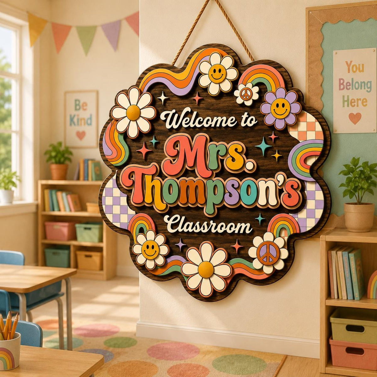 Personalized Rainbow Teacher Sign display detail