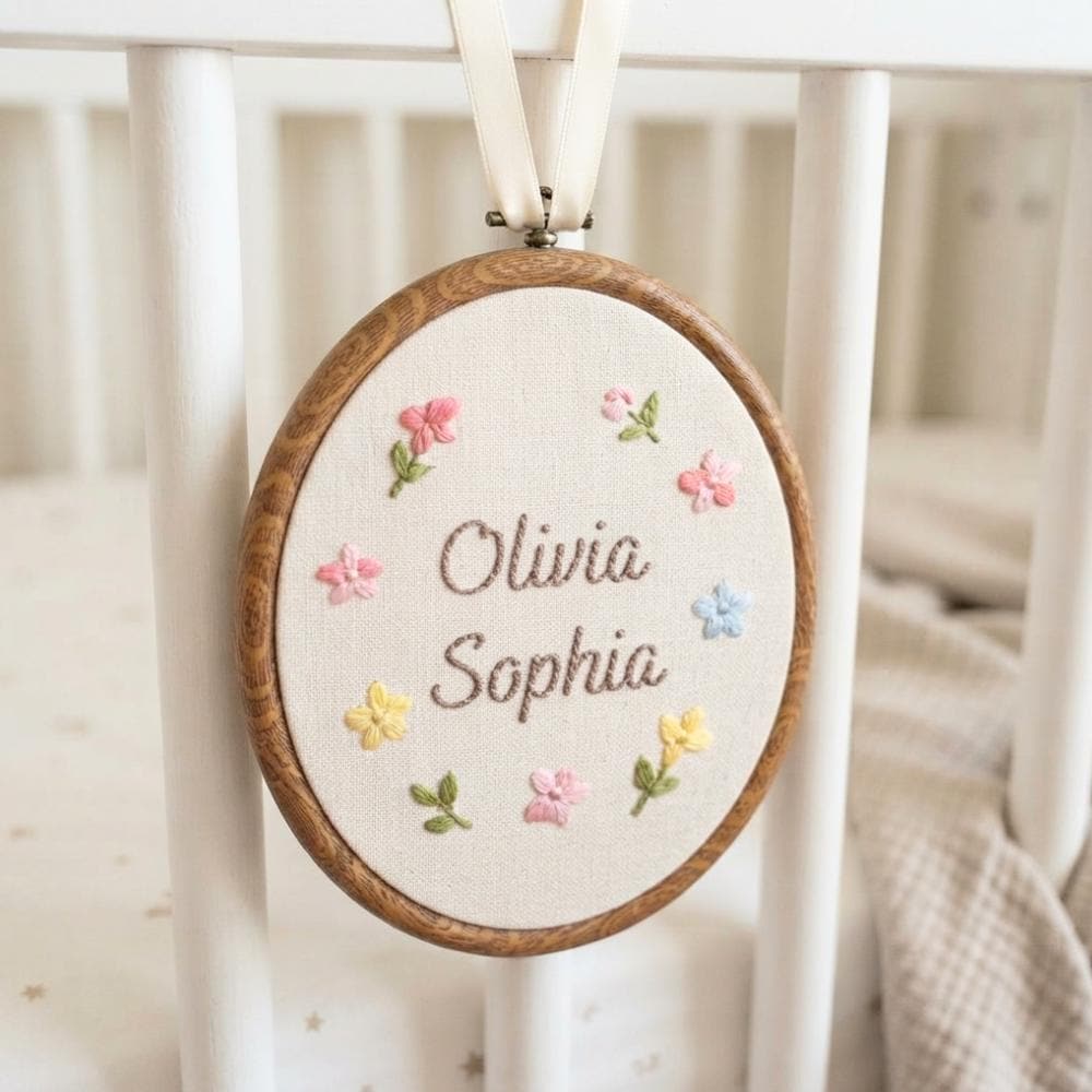 Personalized Floral Baby Name Hoop - Embroidered Nursery Wall Art