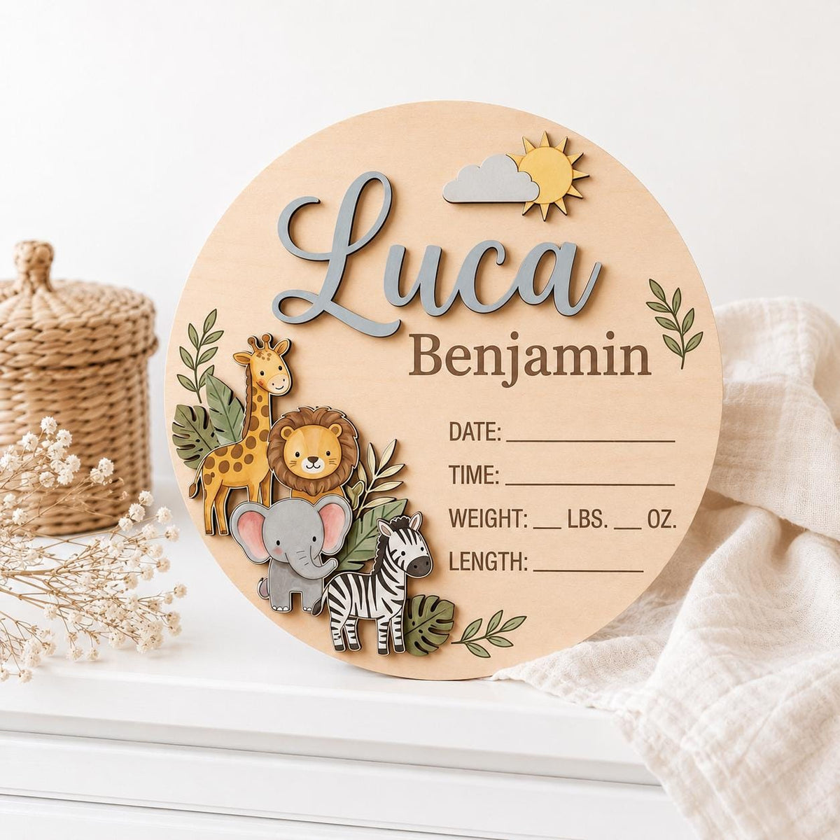 Personalized Safari Birth Announcement for nursery decor