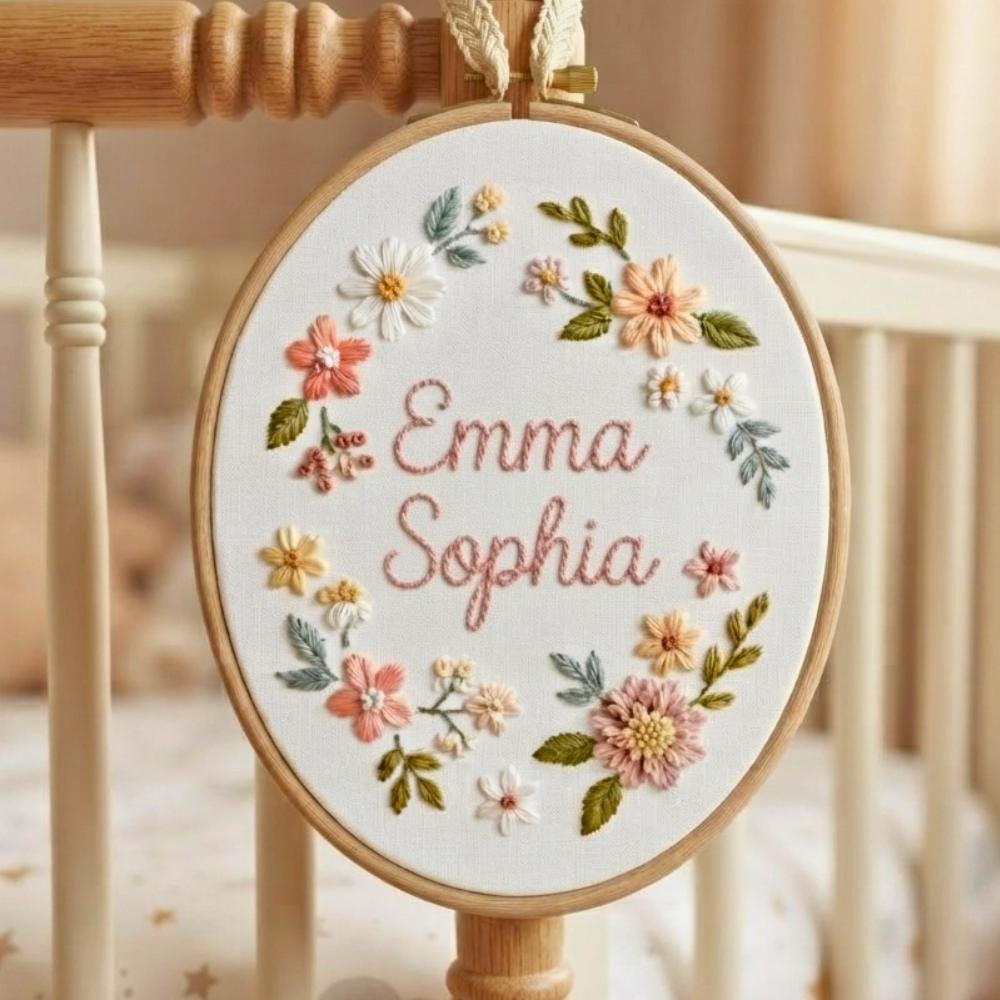Personalized Hand Embroidered Floral Name Hoop - Nursery Wall Art