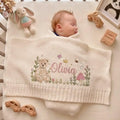 Personalized Bunny Baby Blanket - Embroidered Floral Knit Throw