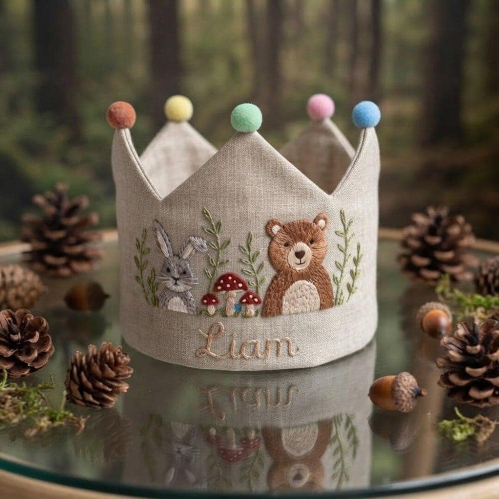Personalized Woodland Birthday Crown - Embroidered Forest Party Hat