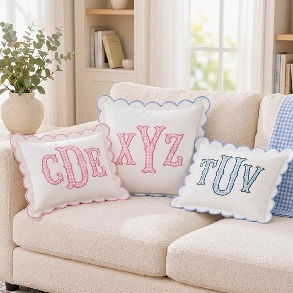 Personalized Scalloped Initial Pillow - Embroidered Home Decor