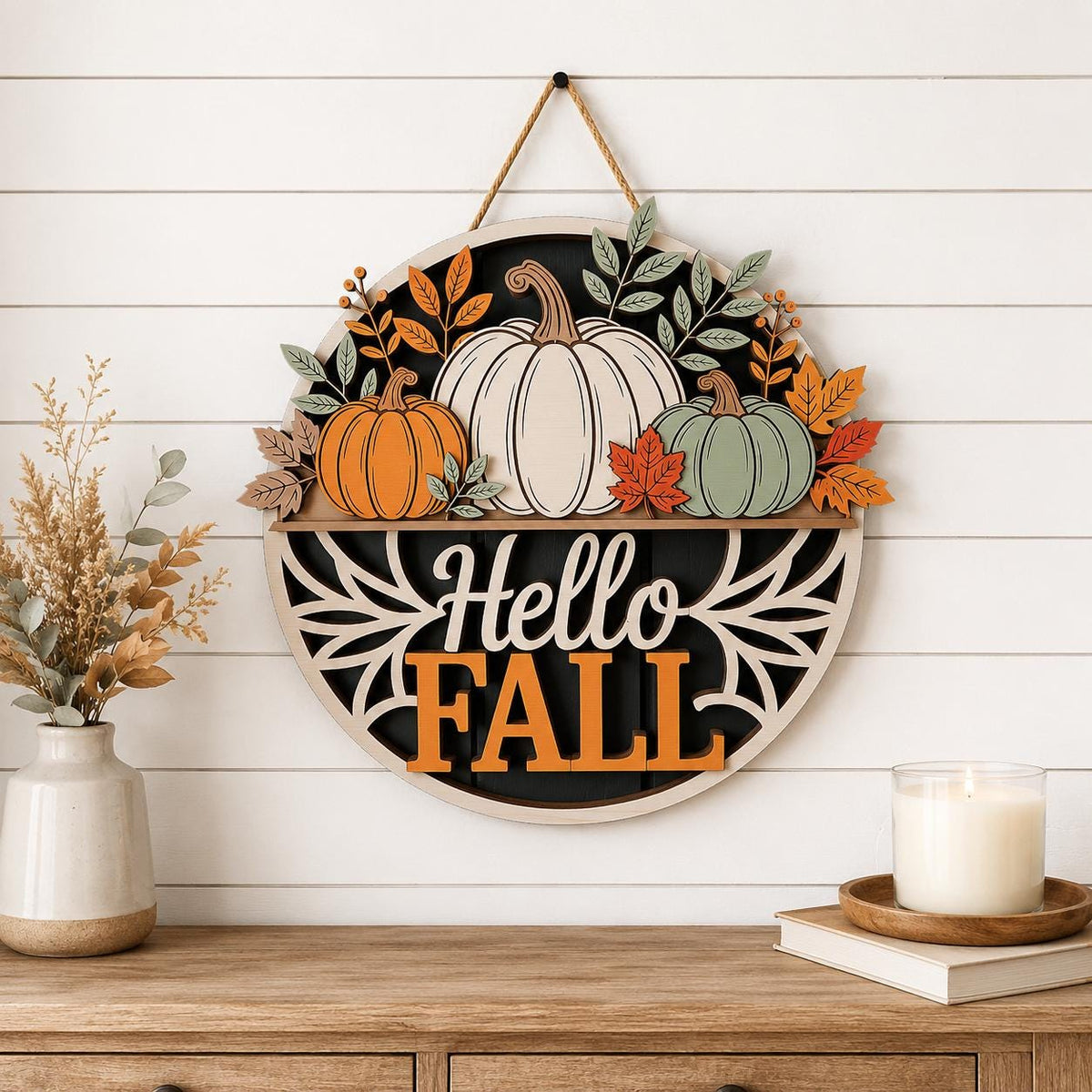 Hello Fall Pumpkin Door Sign display detail