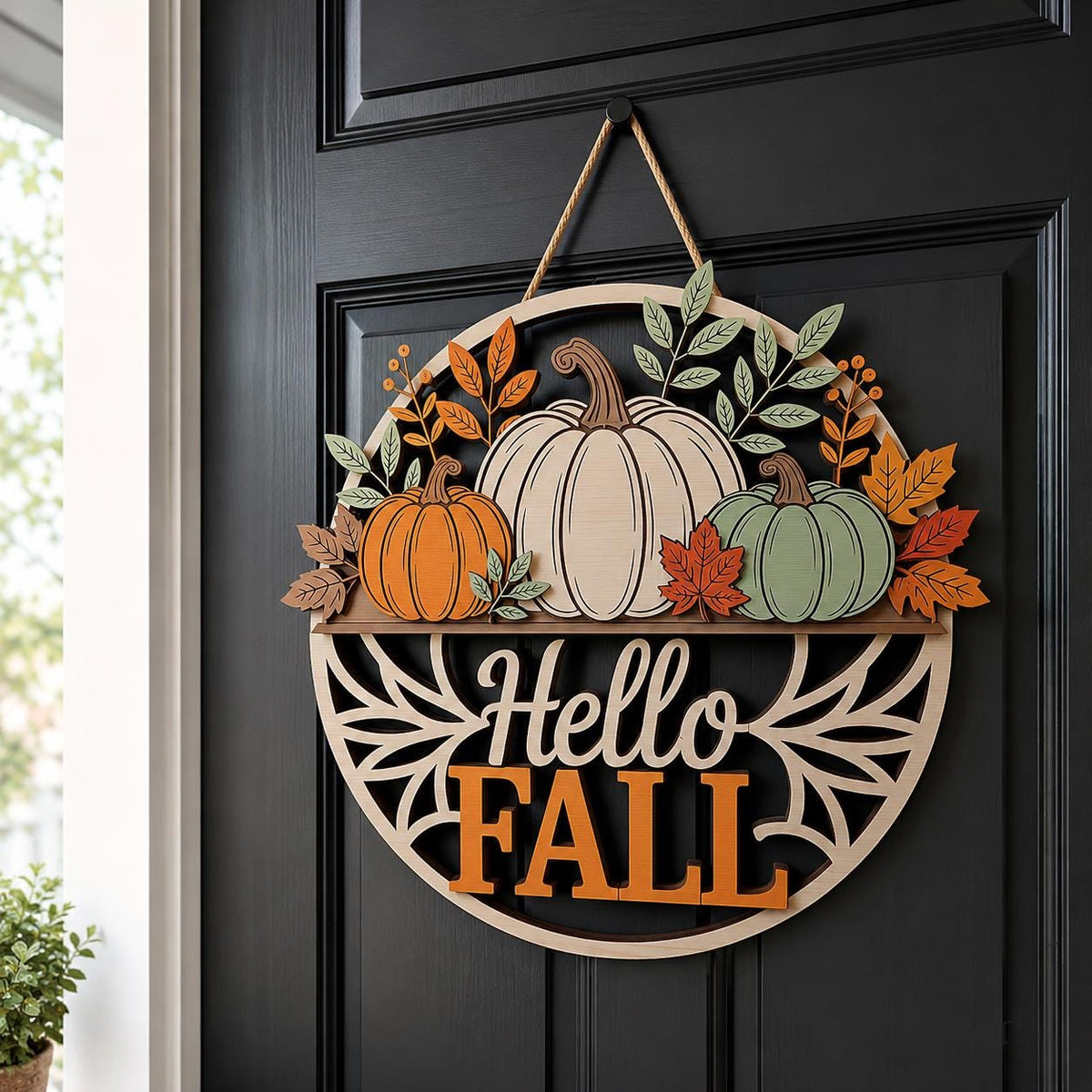 Hello Fall Pumpkin Door Sign for autumn porch decor