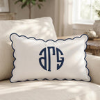 Personalized Linen Monogram Pillow - Scalloped Embroidered Cushion