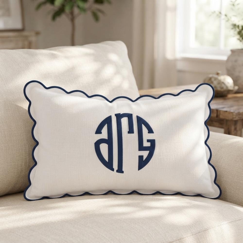 Personalized Linen Monogram Pillow - Scalloped Embroidered Cushion
