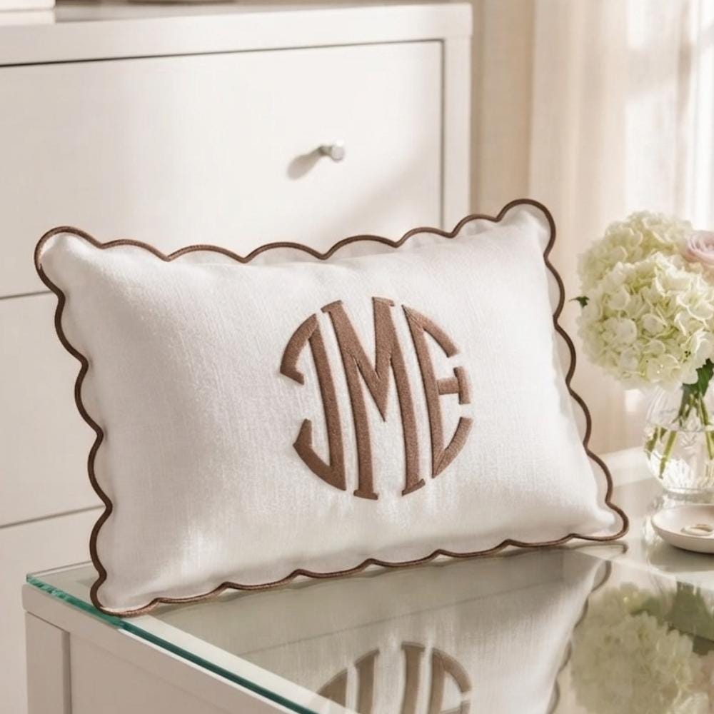 Personalized Linen Monogram Pillow - Scalloped Embroidered Cushion