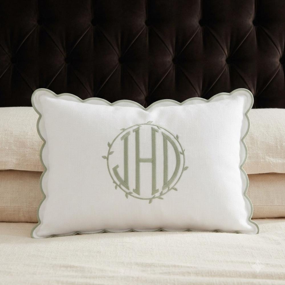 Personalized Linen Monogram Pillow - Scalloped Embroidered Cushion