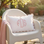 Personalized Linen Monogram Pillow - Scalloped Embroidered Cushion