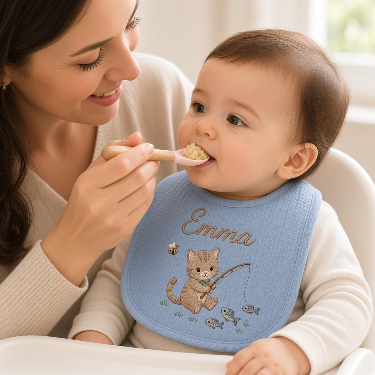 Personalized Cat Embroidered Baby Bib - Custom Muslin Name Bib