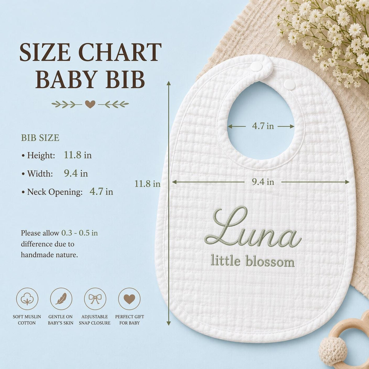 Personalized Cat Embroidered Baby Bib - Custom Muslin Name Bib