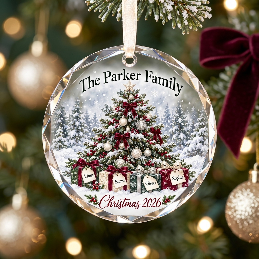 Personalized Family Christmas Tree Glass Ornament - Custom Names on Gift Tags