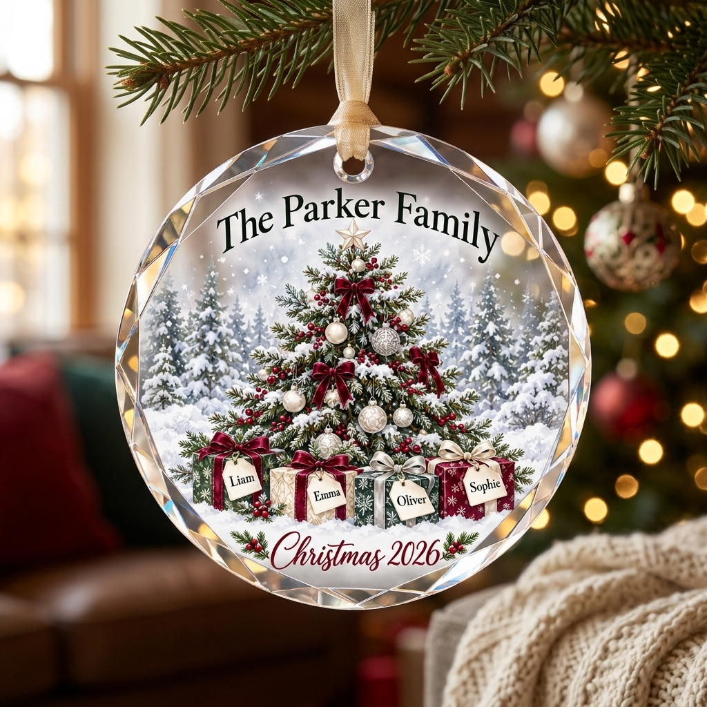 Personalized Family Christmas Tree Glass Ornament - Custom Names on Gift Tags