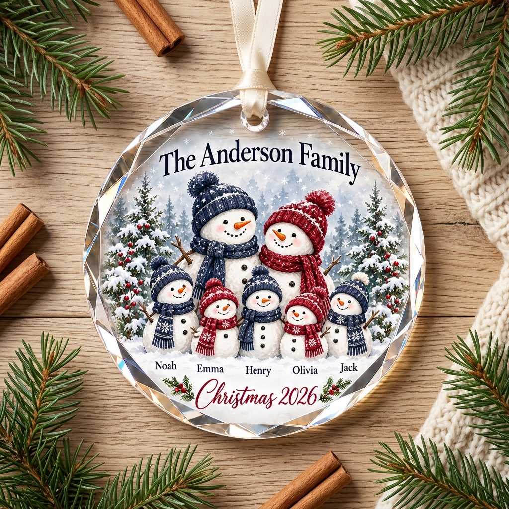 Personalized Snowman Family Glass Ornament - Custom Family Names Christmas Keepsake