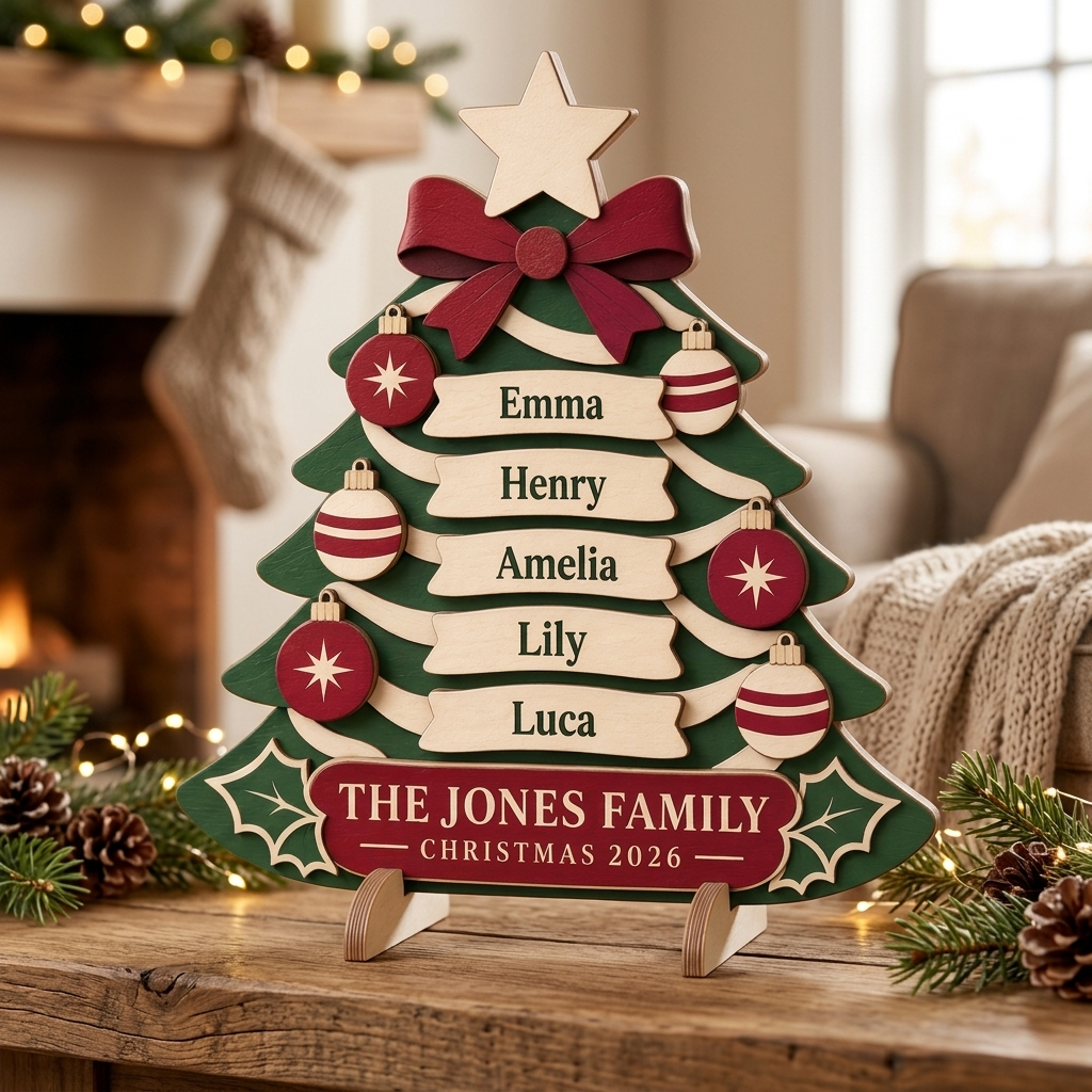 Personalized Family Christmas Tree Sign - Custom Names Wooden Tabletop Decor