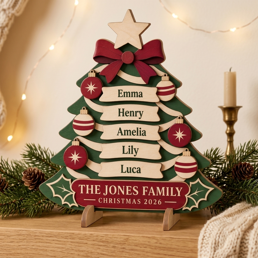 Personalized Family Christmas Tree Sign - Custom Names Wooden Tabletop Decor