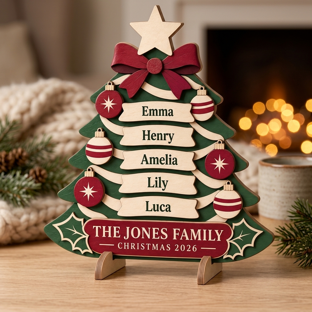 Personalized Family Christmas Tree Sign - Custom Names Wooden Tabletop Decor