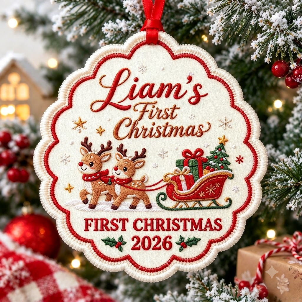 Custom Reindeer Sleigh Baby’s First Christmas Ornament - Personalized Baby Name Christmas Keepsake 2026