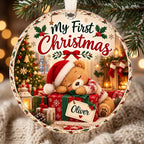 Personalized Sleeping Teddy Bear Baby Christmas Ornament - Custom Name Glass 2026