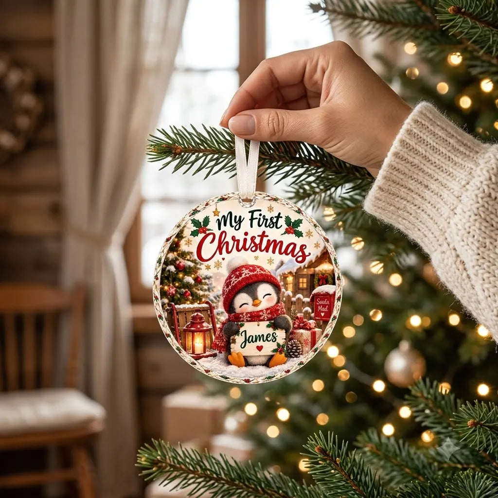 Personalized Penguin Baby First Christmas Ornament - Custom Name Glass Bauble 2026