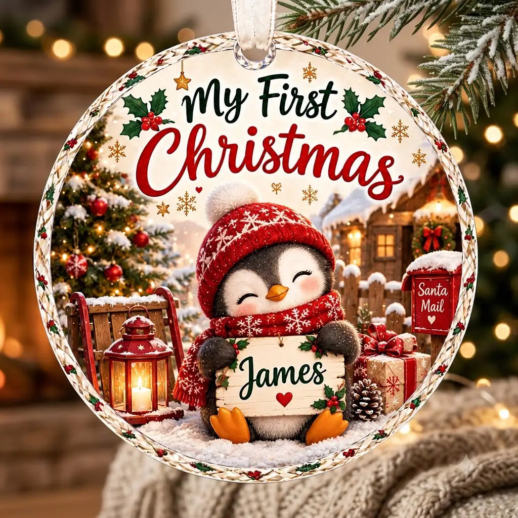 Personalized Penguin Baby First Christmas Ornament - Custom Name Glass Bauble 2026