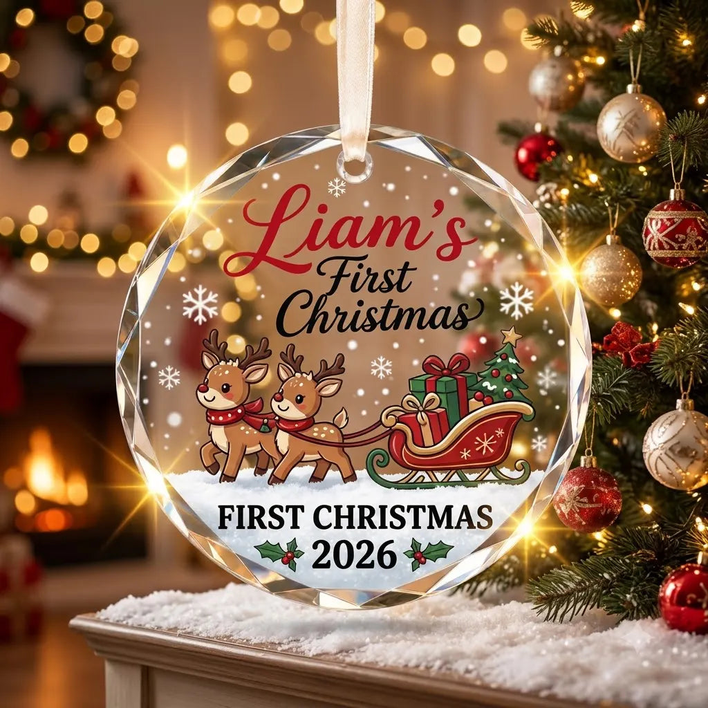 Custom Reindeer Sleigh Baby First Christmas Ornament - Personalized Beveled Glass 2026