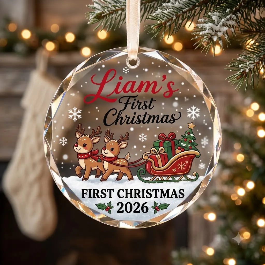 Custom Reindeer Sleigh Baby First Christmas Ornament - Personalized Beveled Glass 2026