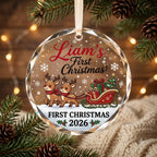 Custom Reindeer Sleigh Baby First Christmas Ornament - Personalized Beveled Glass 2026