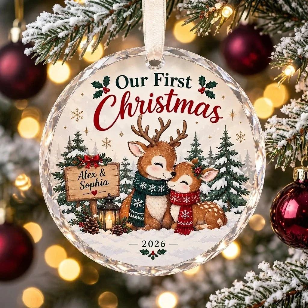 Custom Reindeer Couple Christmas Ornament - Personalized Name Crystal Glass
