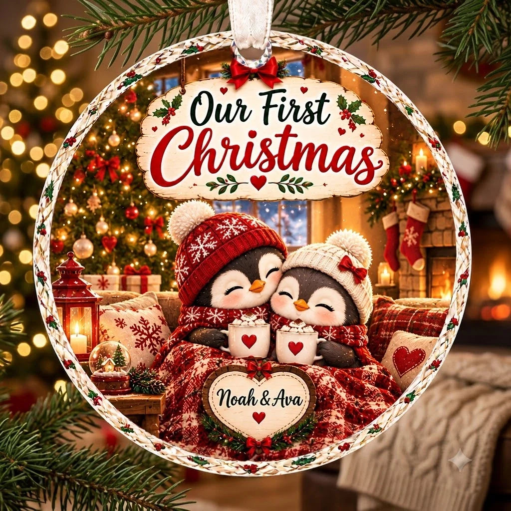 Personalized Penguin Couple Christmas Ornament - Custom Name Glass Tree Bauble 2026