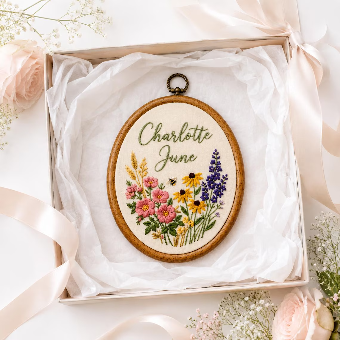 Personalized Wildflower Baby Name Hoop display detail